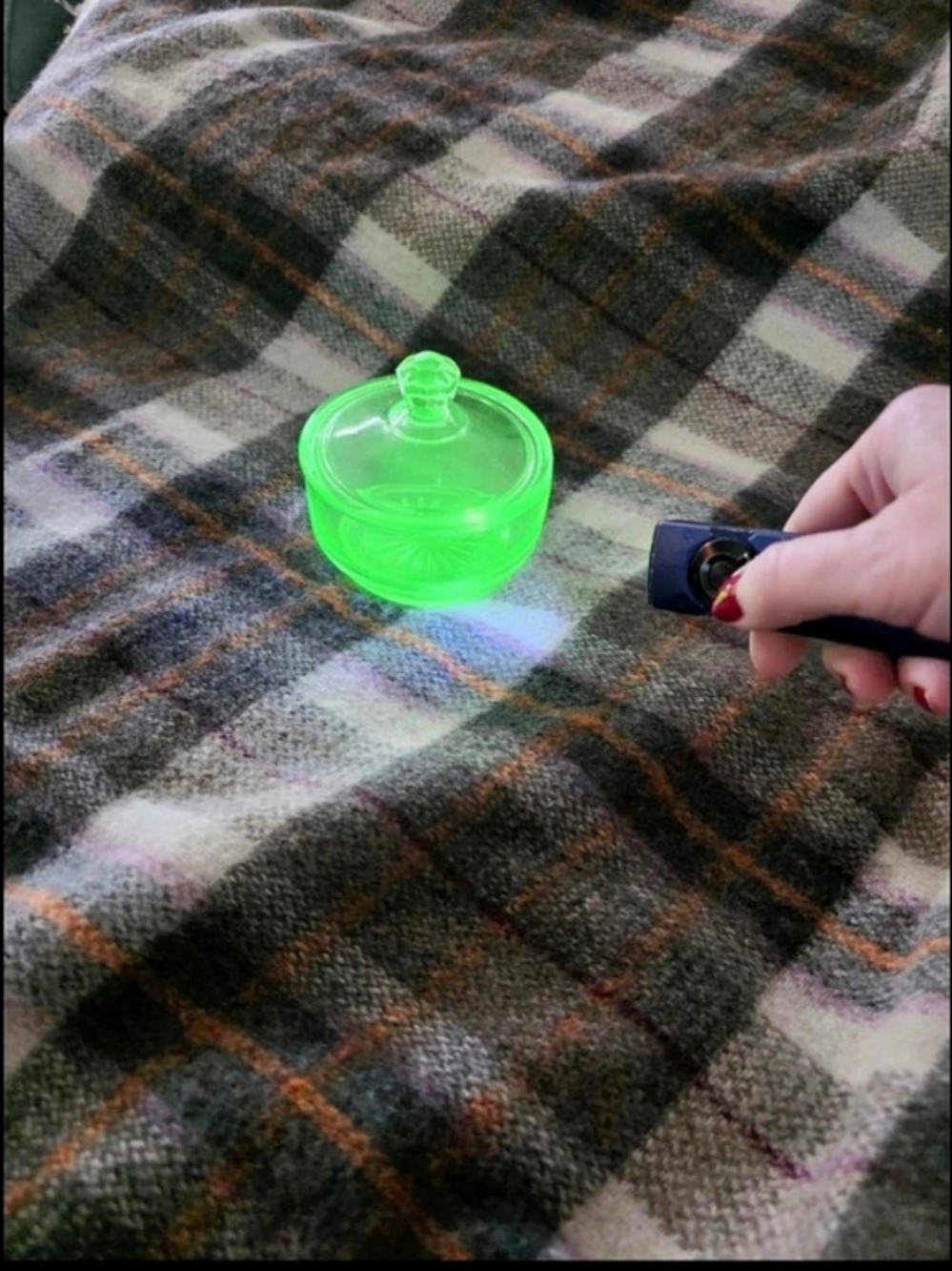 Green Pressed Uranium Glass Covered Dish